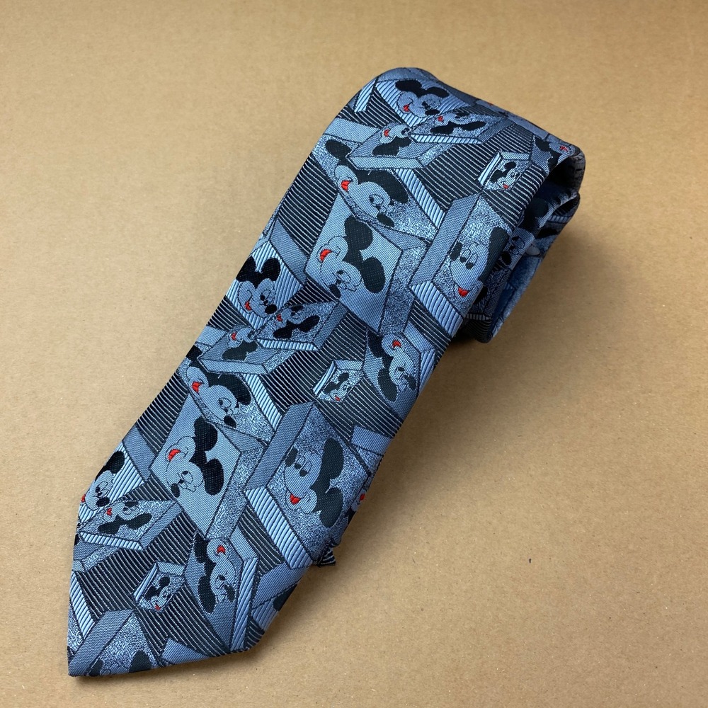 VTG Disney The Tie Works Mickey Mouse Mens OS Blue Grey‎ Art Deco Geometric Tie